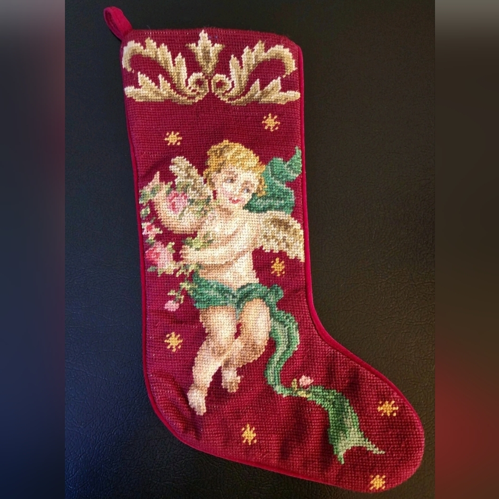 90s Christmas Stocking Embroidered Needlepoint Wool Imperial Elegance Cherub VTG
